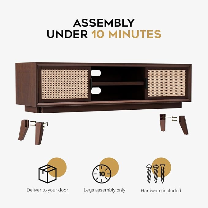 Bme Jasper Premium Solid Wood TV Stand, Under 10 Minutes Assembly (Legs Only), Aesthetic Rattan Doors, Bedroom, 65 inches, 64.6 x 17.7 x 21.65, Media Console - Walnut