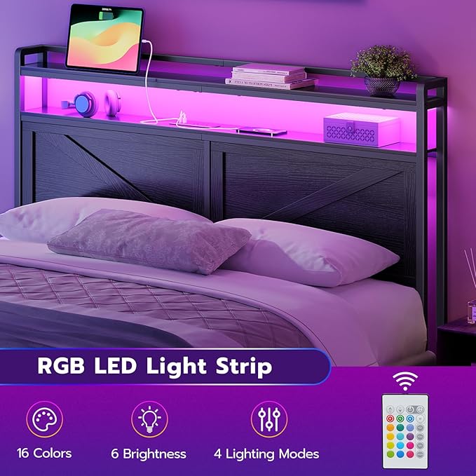 HOOBRO Headboard Queen Size, Headboard with Charging Station and LED Light Strip, 2-Tier Queen Storage Headboard with Outlets and USB Ports, Industrial Style, for Queen Size Beds, Black