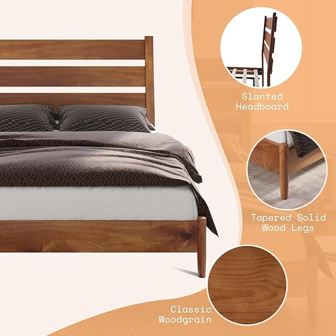 AMERLIFE Solid Wood Bed Frame Full Size, Mid Century Platform Beds with Reclining Slatted Headboard, Wood Slat Support/No Box Spring Needed/Noise Free, Light Brown