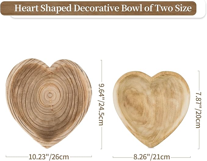 Hanobe Decorative Dough Wood Bowl: Small Heart Shaped Bowls for Decor Wooden Bowl for Table Centerpiece, Natural 7.8"