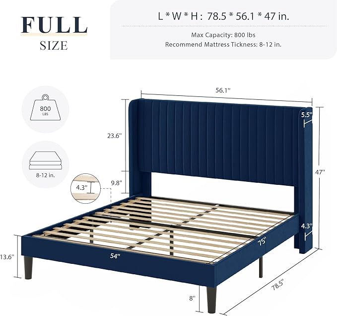 Allewie Full Size Velvet Bed Frame/Vertical Channel Tufted Wingback Headboard/Upholstered Platform Bed/Strong Wooden Slats/No Box Spring Needed/Easy Assembly/Blue