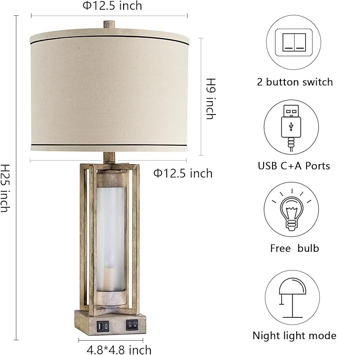 RORIANO 25" Set of 2 Farmhouse Table Lamps for Living Room with USB A+C Ports, Rustic Nightstand Lamp with White Night Light, Vintage Desk Lamp for Entryway Bedroom End Table, 4 Bulbs Included