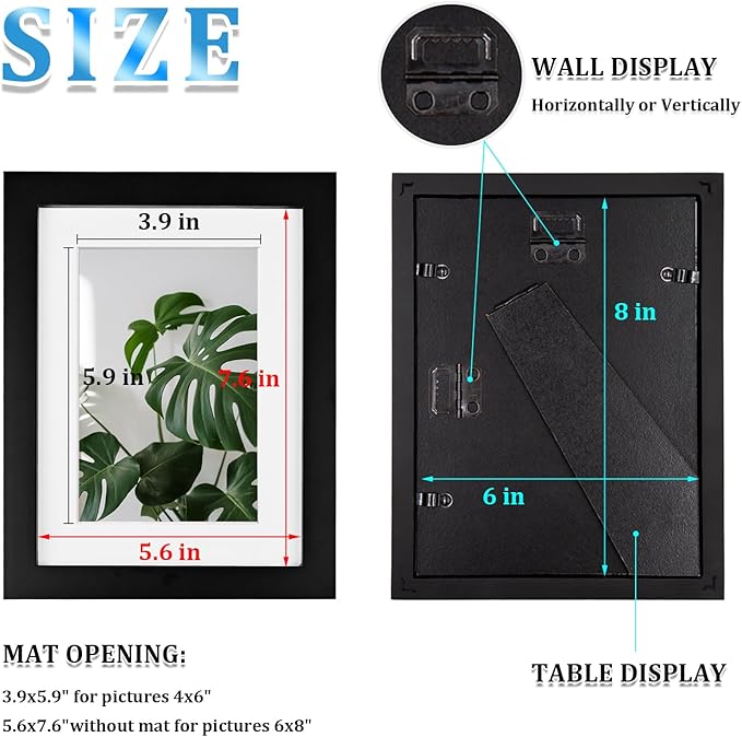 Egofine 6x8 Picture Frame Made of Solid Wood Covered by Plexiglass, Display Pictures 4x6 with Mat or 6x8 Without Mat for Table Top Display and Wall Mounting Photo Frame, Black