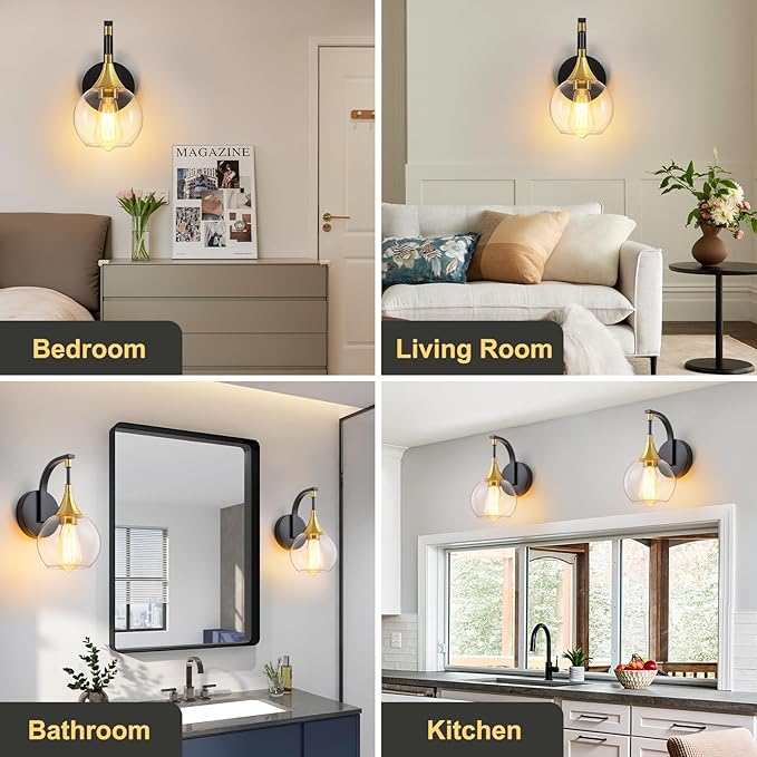 Black and Gold Wall Sconces Set of Two, Modern Wall Sconce Light with Clear Glass Shade,Indoor Wall Light Fixture Wall Lamps for Bedroom, Hallway, Bathroom
