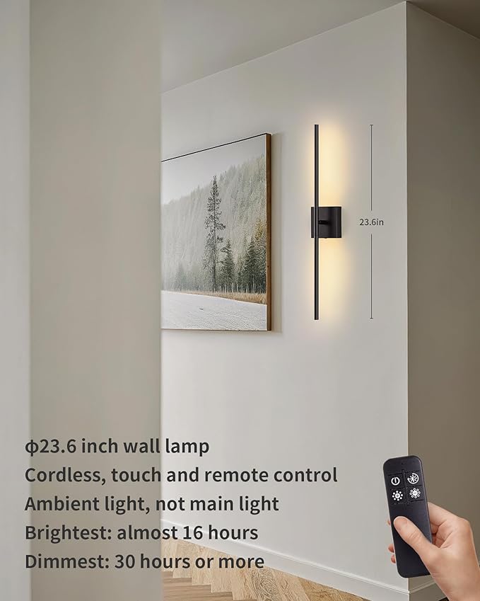 KDG Cordless Wall Sconces with Remote Control, Wireless 7000mAh Rechargeable Battery Operated LED Wall Lamps, 360° Rotate Lightings for Wall Painting, Bedroom, Hallway, Night Light 23.6 inch (Black)
