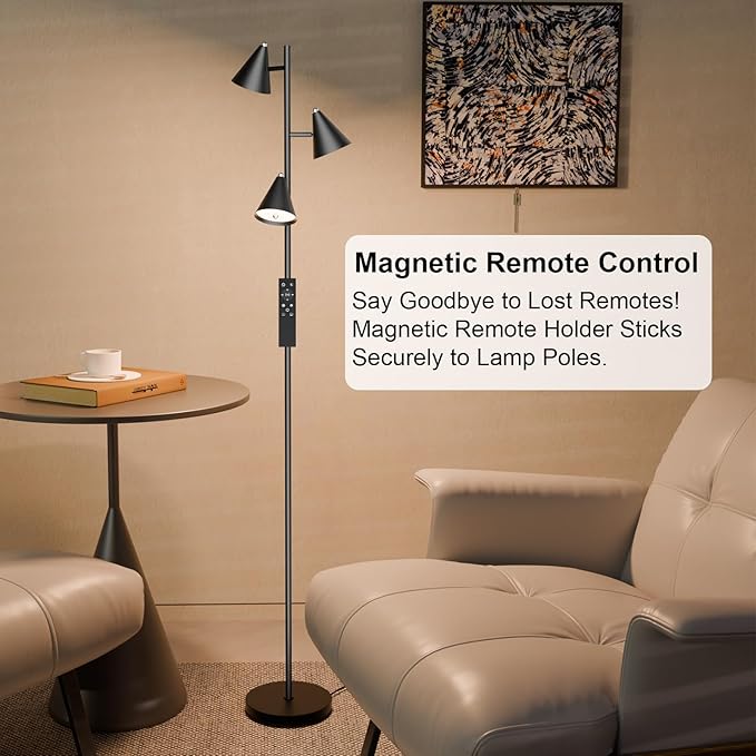 Floor Lamp 3 LED Lights Simple Design Tall Standing Rotatable Dimmable Lighting with Magnetic Remote Control for Bedroom Reading Room Office 5 Color Temperatures 6500K 63"
