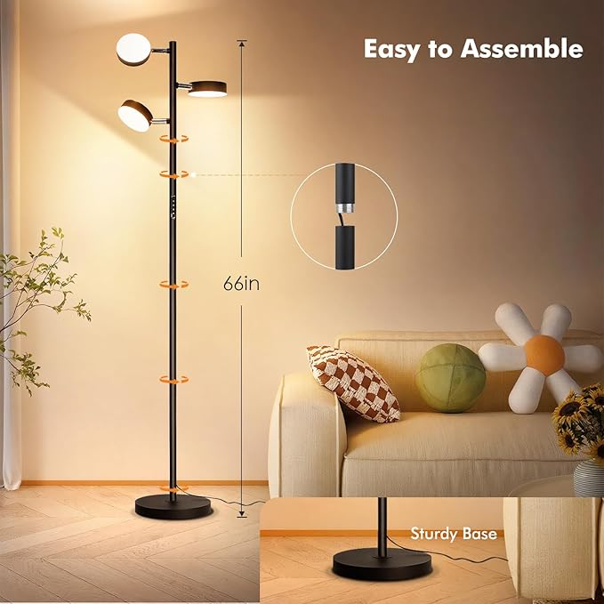 Tree Floor Lamp for Living Room - Modern Black Standing Lamp, LED Floor Light with Remote & Touch, 3000K-6000K Dimmable for Bedroom Office Reading (3 Head)