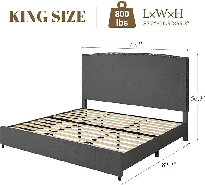 King Bed Frame, King Size Upholstered Platform Bed Frame with 56" Headboard, Soft Boucle Fabric, Mid-Century Modern Design, No Box Spring Required, Easy Assembly, Grey