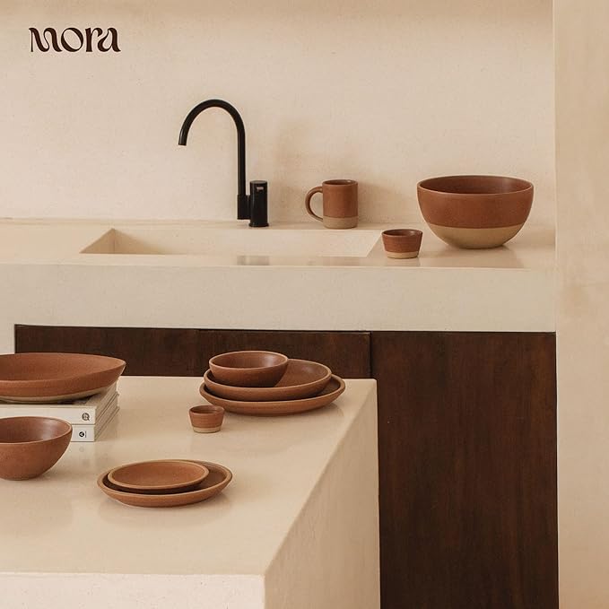 MORA Medium Dishes Set of 4, 30oz Ceramic Pottery Pasta Plate/Wide Bowls - Microwave, Oven and Dishwasher Safe - Terracotta