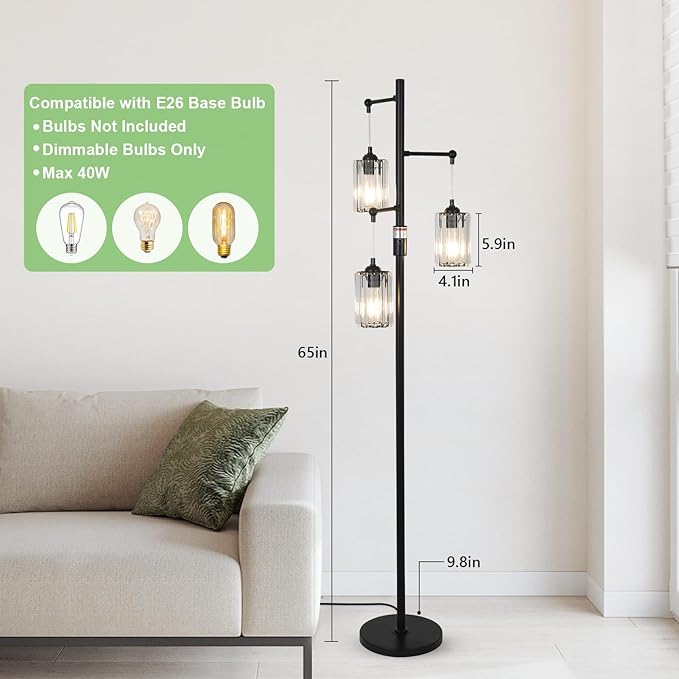 Black Modern Crystal Floor Lamp, 3 Lights Standing Lamp Dimmable, Industrial Tree Lamp with Crystal Shade, Dimmer Switch, 65" Tall Corner Floor Lamps for Living Room Bedroom Office Reading