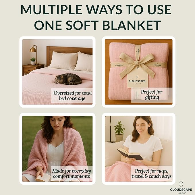 Soft 4 Layer Muslin Cotton Blanket King Size,100% Cotton Blanket, Lightweight and Breathable for All Season, Best for Spring, 92x108, Seashell Pink