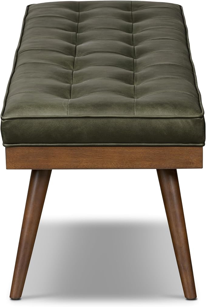POLY & BARK 55" Tufted Leather Bed Bench for Bedroom End of Bed - Living Room Entry Way Bench - Pure Italian Leather Upholstery with a Solid Wood Frame - Ottoman Bench with Wooden Legs - Olivine Green