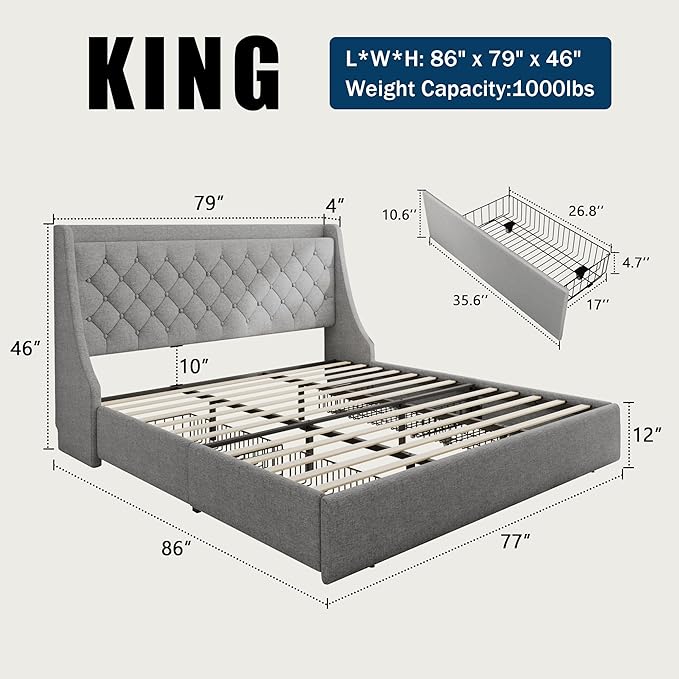 King Size Bed Frame with 4 Storage Drawers, Giant Upholstered Wingback Headboard, Fast Charging Station, No Box Spring Needed, Noise-Free, Light Gray