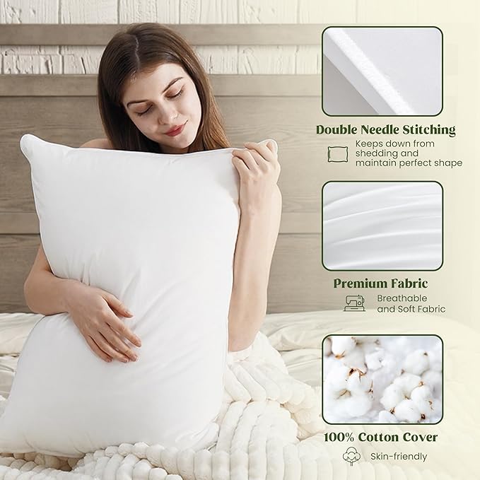 puredown® Natural Down Feather Pillows, King Bed Pillows for Sleeping Set of 2, Grand Hotel Pillows with Cotton Fabric Cover (Pack of 2)