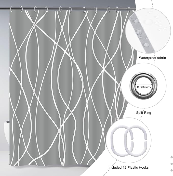 Punkray Dark Grey Shower Curtain for Bathroom with Hooks Shower Curtain Set, White Stripe Bath Curtains Decorative Shower Curtains Water Repellent Washable, 72 x 72
