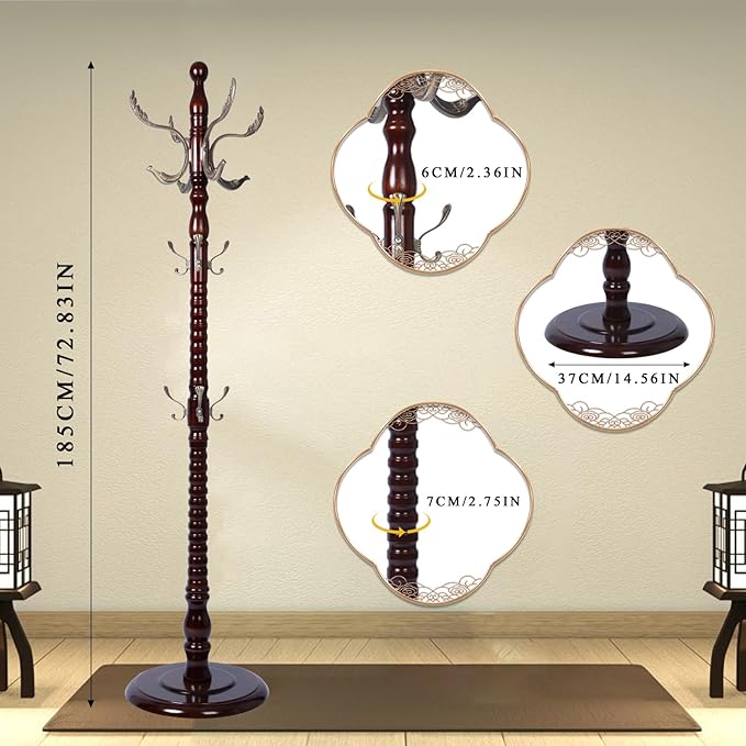 Coat Rack Freestanding, Wooden Tree Coat Rack Stand with 2 Adjustable Sizes Coat Tree and 14 Hooks, Sturdy Hall Tree with Solid Round Base for Entryway, Hallway, Bedroom (Reddish Brown-Metal Hook)