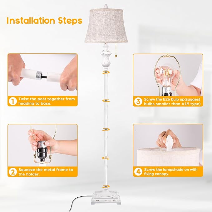 TOBUSA Rustic Vintage White Floor Lamp for Living Room Bedroom, 64inch Traditional Tall Floor Lamp with White Linen Shade, Retro LED Standing Pole Lamp Upright Floor Light for Home Decor, Pull Chain