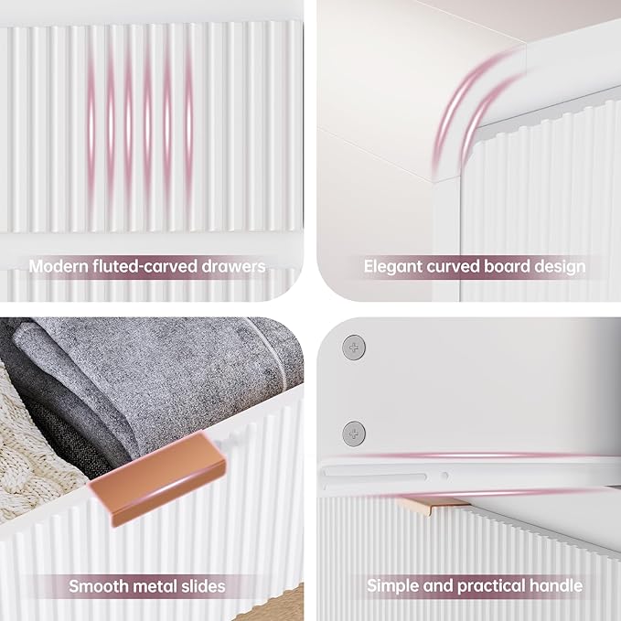 FURSUN Fluted 6 Drawers Dresser for Bedroom, 54" Wide Wooden Dresser with Metal Handle, Curved Profile Design, Modern Storage Organizer for Living Room, Hallway (White)