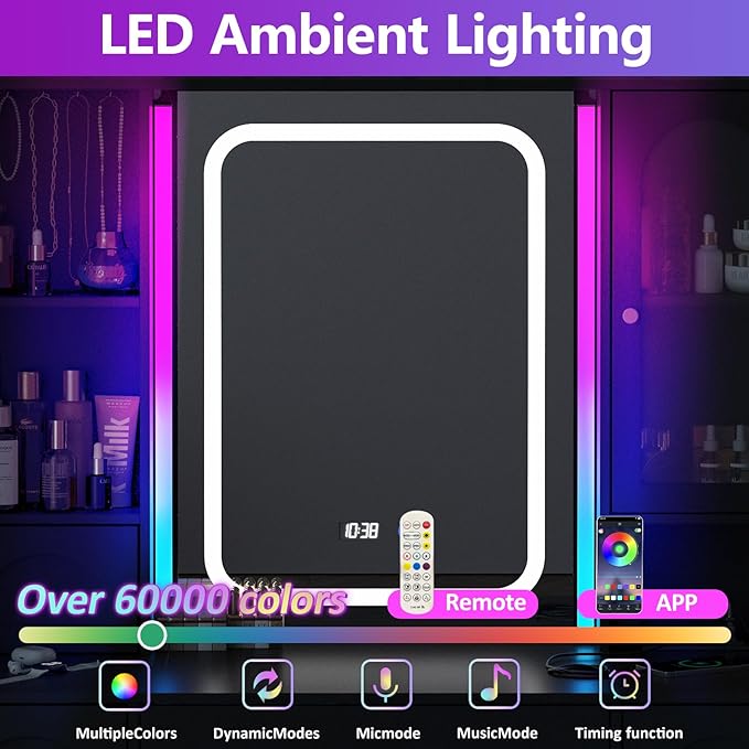 Fameill Black Makeup Vanity Desk with Lights,Makeup Vanity with RGB Lightsand Power Strip,Vanity Table with 5 Drawers Lots Storage & Time Display,3 Lighting Modes Vanity Mirror,41.3in(L)