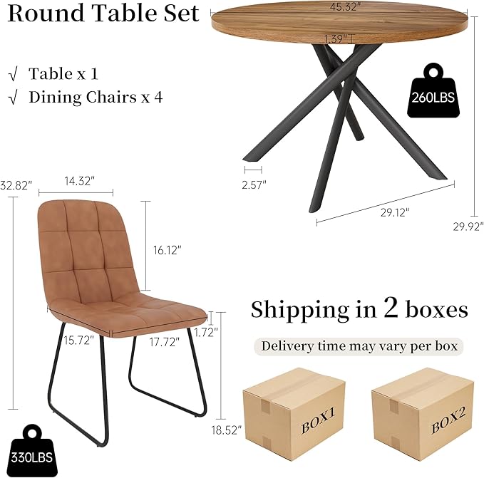 45.3 Inch Round Dining Table Set for 4, Mid Century Modern Small Coffee Set for Dining Room Kitchen Apartment (Light Walnut + 4 U-Shaped Brown Chairs)