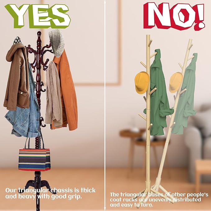 73 in Wood Coat Rack, Coat Rack Freestanding with Stable Round Base, Adjustable Height Tree Coat Racks Stand for Home Bedroom Office Hallway Entryway (Triangle Redwood)