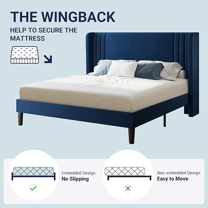 Allewie Queen Size Velvet Platform Bed Frame with Vertical Tufted Wingback Headboard, Easy Assembly, Under Bed Storage, No Box Spring Required, Modern Style, Blue