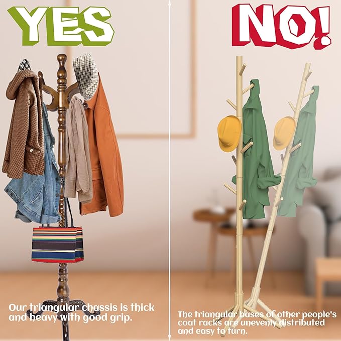 73 in Wood Coat Rack, Coat Rack Freestanding with Stable Round Base, Adjustable Height Tree Coat Racks Stand for Home Bedroom Office Hallway Entryway (Triangular Antique)