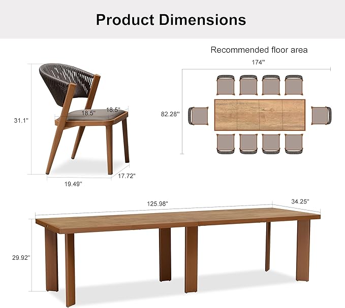 PURPLE LEAF 11-Piece Patio Dining Set Outdoor Furniture Rectangular Table and Chairs Set with Aluminum Frame and Teak-Finish for Garden Deck Backyard Kitchen Deep Teak Outdoor Set