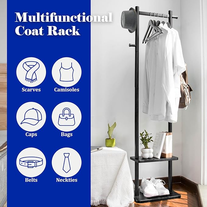 Coat Rack,Freestanding Hall Tree for Entryway Home Bedroom Office,Sturdy Wooden Coat Hanger Stand for Clothes Jacket Hats Bags(Black)
