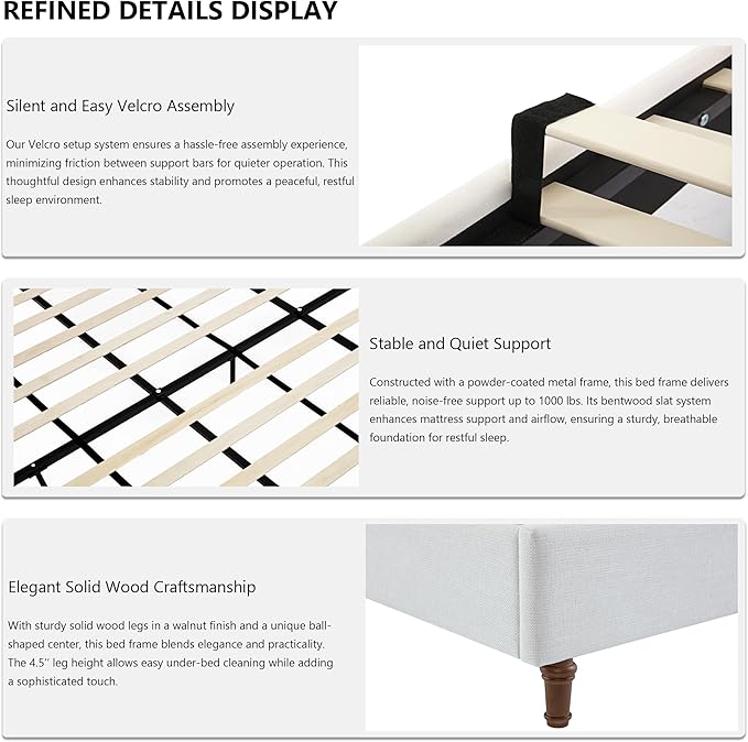 Queen Wingback Bed Frame, 54" Tall Headboard, Chenille Upholstery, Heavy Duty Support, Solid Wood Feet, Easy Assembly (Ivory White Chenille Camelback,Queen)