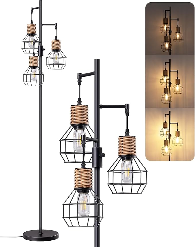 EDISHINE Dimmable Farmhouse Floor Lamp for Living Room, Industrial Black Standing Lamp with 3 LED Edison Bulbs, Corner Rustic Rattan Tall Tree Reading Lamps Home Decor for Bedroom, Office