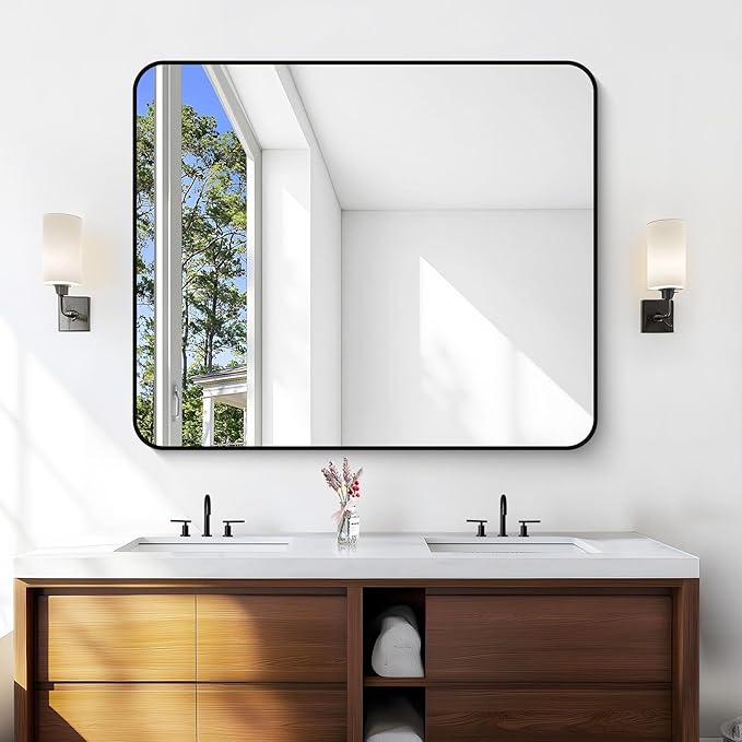 Bathroom Mirror, 48 x 40 inch Black Rectangle Wall Mirror, Metal Frame Rectangular Vanity Mirror, Rounded Corner Wall Mounted Mirror for Modern Bedroom Living Room Hangs Horizontal/Vertical