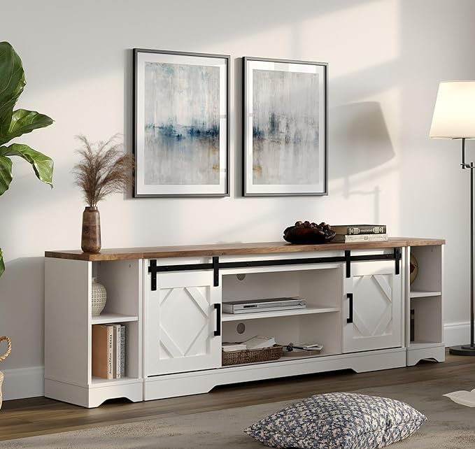 WAMPAT Modern Farmhouse 3 in 1 TV Stand for up to 85" TVs Wood Entertainment Center with Sliding Barn Door and Adjustable Media Storage Shelf for Living Room,Cream White