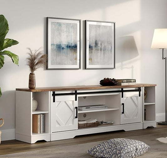 WAMPAT Modern Farmhouse 3 in 1 TV Stand for up to 85" TVs Wood Entertainment Center with Sliding Barn Door and Adjustable Media Storage Shelf for Living Room,Cream White
