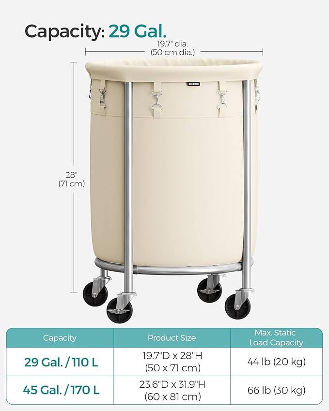 SONGMICS 29-Gallon (110 L) Laundry Basket with Wheels, Rolling Round Heavy-Duty Laundry Hamper Cart with Steel Frame and Removable Bag, 2 Locking Wheels, Cream White and Metallic Silver URLS002W01