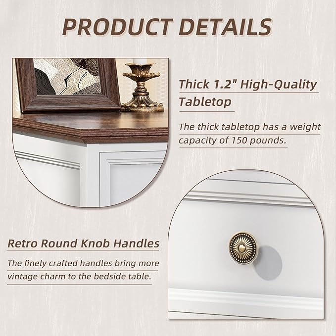 24" Wide Farmhouse Night Stand,Large End Table with 3 Drawers & Metal Handle,Wood Dresser for Bedroom, White Bed Side Table Chest of Drawers Cabinet,Nightstand for Living Room,Closet