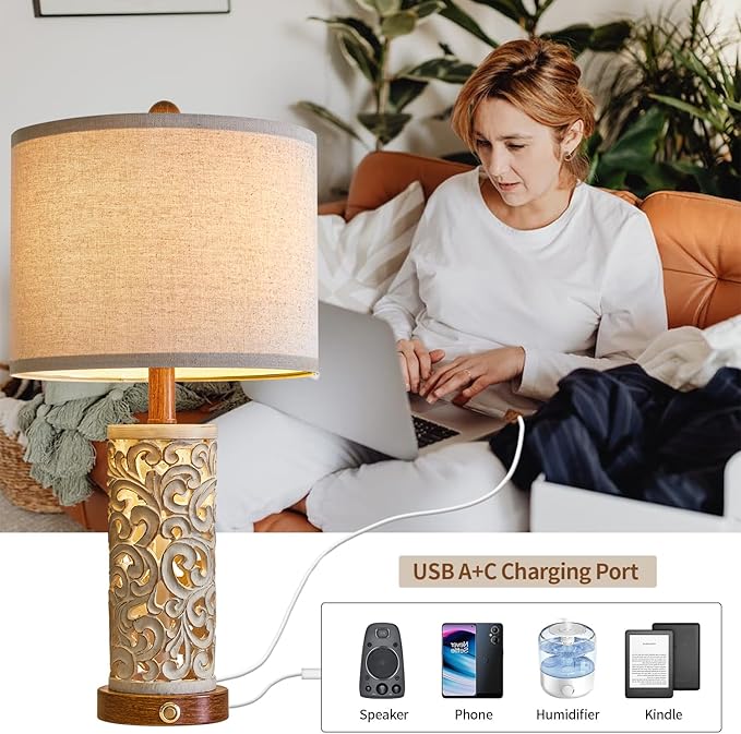 OYEARS 3-Way Dimmable 22'' USB A+C Touch Control Table Lamp Set of 2 with Nightlight for Living Room Bedroom Farmhouse Bedside Nightstand Lamps (Brown, Bulb Included)