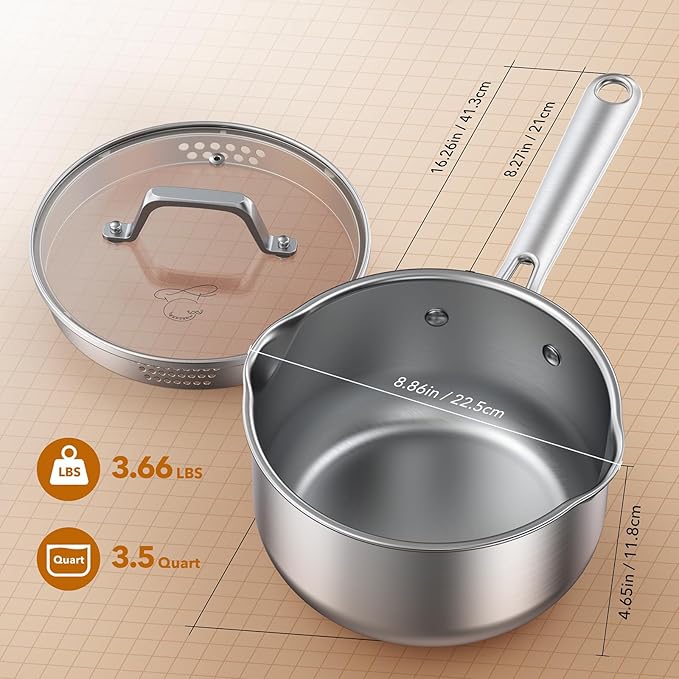 PekGema Stainless Steel Saucepan 3.5 Quart with Glass Strainer Lid, Thicken Tri-ply Full Sauce Pot, Two Side Spouts for Easy Pour, Dishwasher Safe, Induction Ready, Compatible with All Cooktops