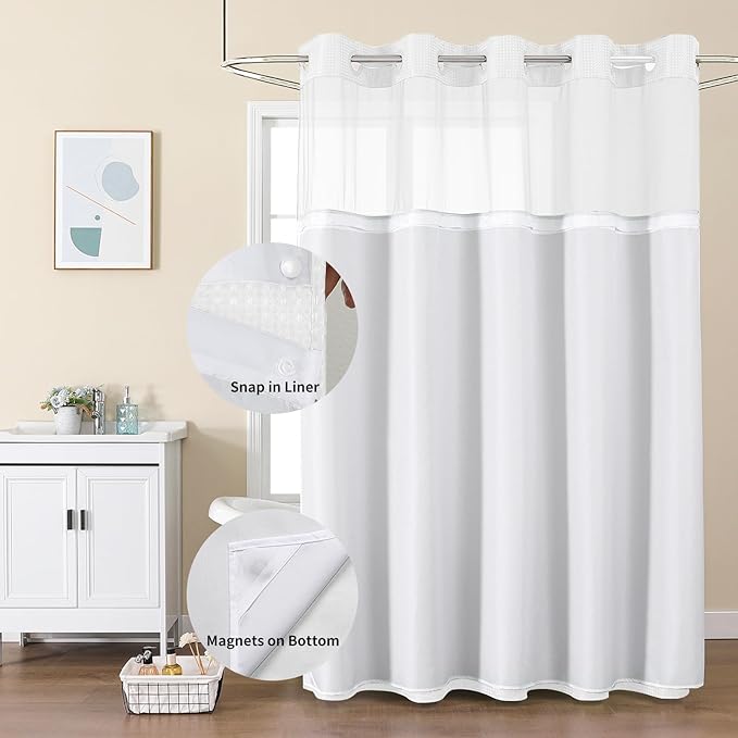 Colorful Star 256GSM Waffle Weave Heavy Duty Shower Curtains, No Hook Shower Curtain with Snap in Fabric Liner, Hotel Style Waterproof Bathroom Curtain Set, 72 x 75 Inch, White