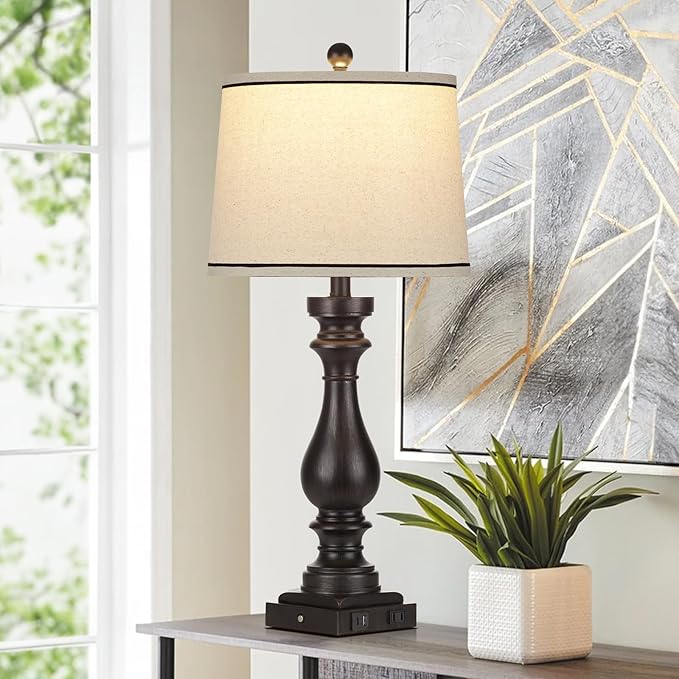 27.5" Tall Table Lamp for Living Room,Farmhouse Vintage Bedside Nightstand Lamp with USB C+A Ports & AC Outlet,3-Way Dimmable Touch Control Retro Black Lamp for Bedroom,Single Black