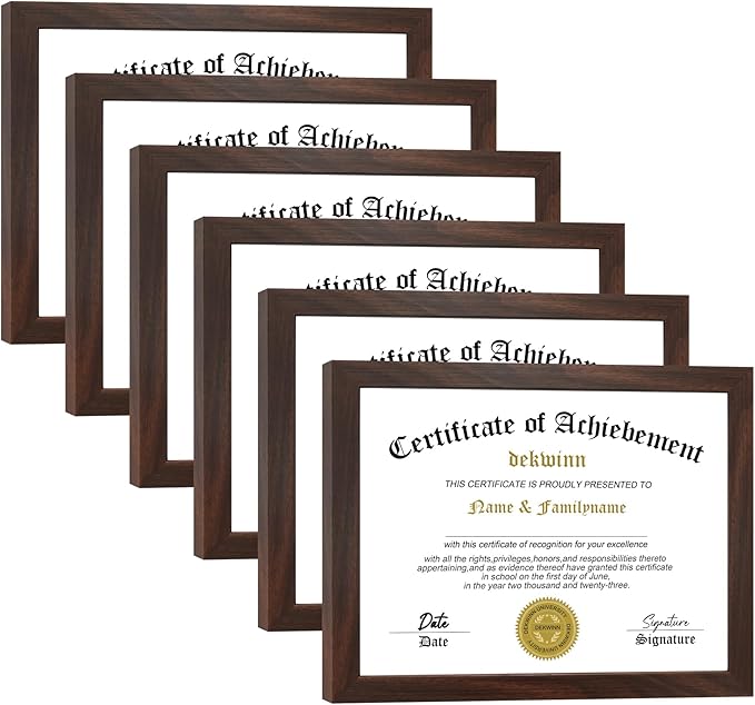 8.5x11 Picture Frames Certificate Document Frame Set of 6 with Real Glass, Diploma Frame for Wall Gallery or Tabletop display in Walnut