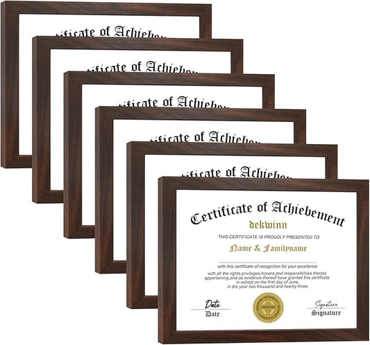 8.5x11 Picture Frames Certificate Document Frame Set of 6 with Real Glass, Diploma Frame for Wall Gallery or Tabletop display in Walnut