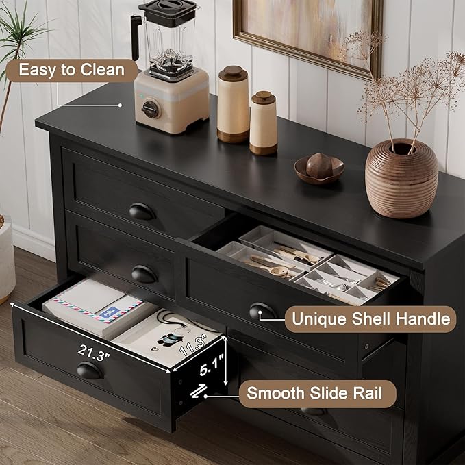 Black Dresser for Bedroom, Farmhouse 6 Drawer Double Dresser with Vintage Antique Handles, Modern Dressers and Chest of Drawers for Bedroom