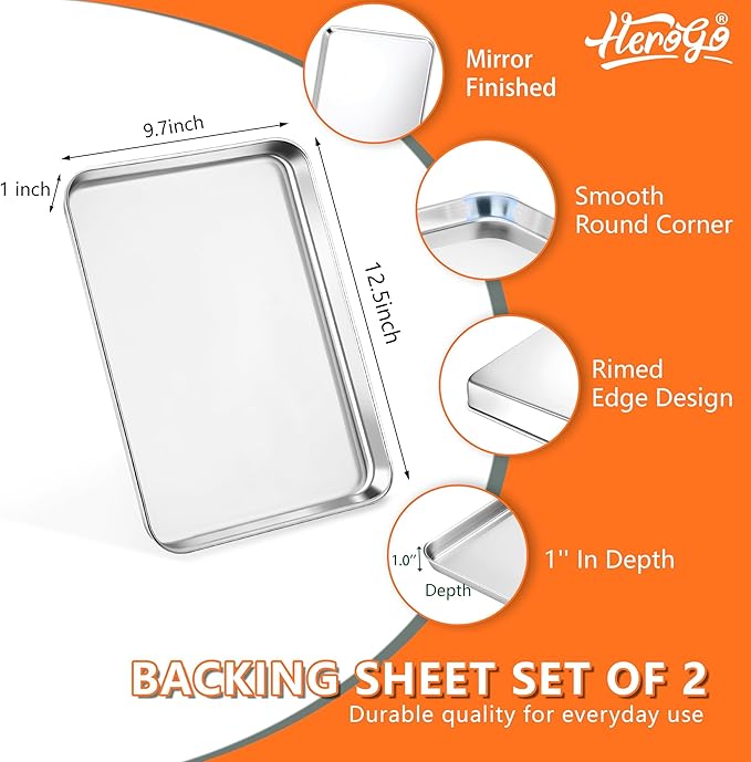 Herogo Nonstick Stainless Steel Baking Sheet Pan Set, 12.5×10×1 Inch Rectangle Cookie Sheet Bakeware Set for Oven, 2 Pack Multipurpose Kitchen Cookware, Non Toxic & Heavy Duty & Easy Clean- Medium