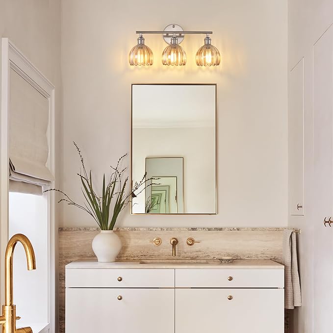 Bathroom Light Fixtures, 3-Light Vanity Wall Light Over Mirror with Amber Tulip Glass Shade for Bedroom Living Room, Satin Nickel