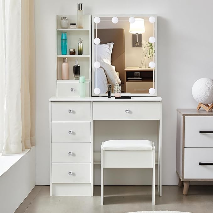 Girls Vanity Set, 3 Color Modes, 5 Storage Drawers 6 Cabinets Makeup Table with Mirror and Lights, White Dressing Table with Cushioned Stool for Home and Bedroom