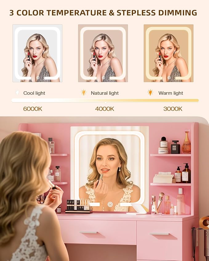 Large Makeup Vanity Desk, 43.3“W x 15.7”D x 53.2“H, Pink (Large Desktop, Samrt LED Mirror, 4 Open Shelves, 7 Drawers, Hairdryer Rack, Power-Outlet)