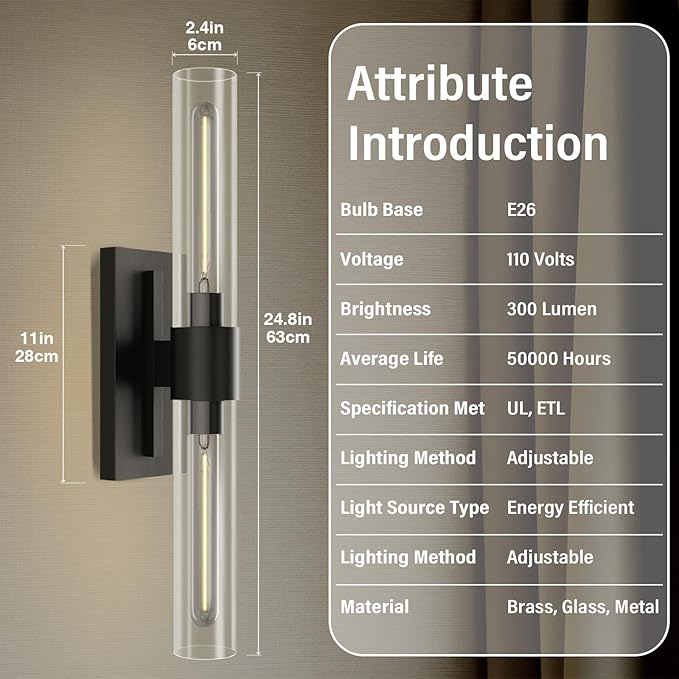 Black Wall Sconces Set of Two, Copper Wall Lights for Bathroom Vanity, 22.8" Modern Wall Sconces 2-Light, Indoor Wall Mounted Sconces for Bathroom Mirror, Bedroom, Living Room