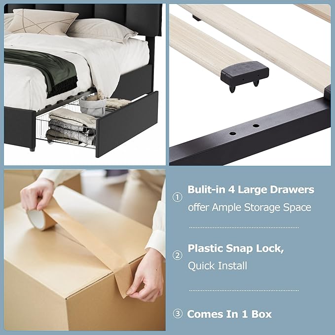 VECELO Full Size Bed Frame with 4 Storage Drawers, Adjustable Height Headboard, Heavy-Duty Platform Bedframe with Strong Wooden Slats, No Box Spring Needed, Black