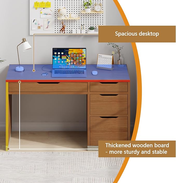 Small Desk with Drawers, 52 Inch Computer Desk with Storage, Home Office Desk with Filing Table for Bedroom, Brown